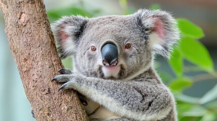 Fototapeta premium Close-up portrait of a fluffy grey koala clinging to a brown tree trunk, looking directly forward against a soft green background.