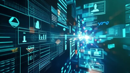 Complex digital data stream flowing through cyberspace, creating a futuristic technological landscape with glowing numbers, symbols, and information - Powered by Adobe