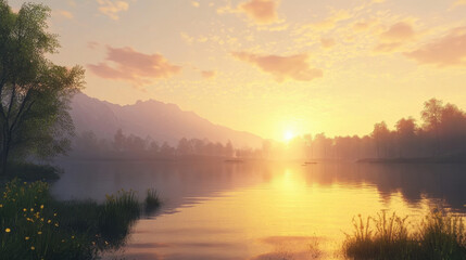 Obraz premium Serene Sunset over Calm Lake with Mountain View