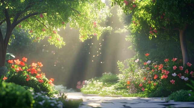 Peaceful garden scene with fresh blooms and sunlight filtering through trees symbolizing renewal