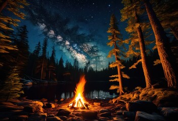 enchanting campfire scene featuring glowing coals dramatic shadows illuminating surrounding area, ember, flame, spark, light, flicker, warmth, outdoor
