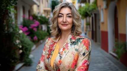 Fototapeta premium Middle-Aged and Elderly Woman Standing on Street, Smiling at the Camera, Positive Emotions, Outdoor Lifestyle, Portrait Photography, Urban Setting, Confidence and Happiness