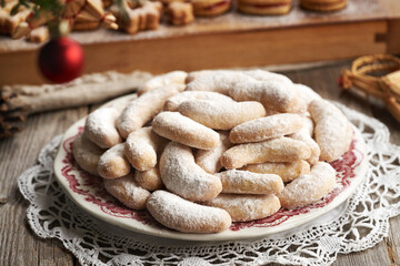 Homemade Christmas cookies called Kipferl or vanilla crescents on a plate