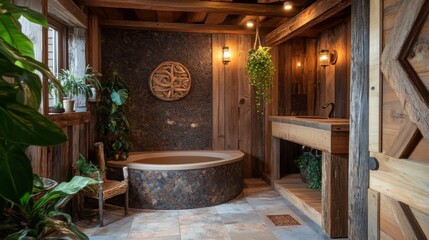 Eco-friendly cleansing room with solar lighting, reclaimed wood decor, composting fixtures, and earthy tones throughout 