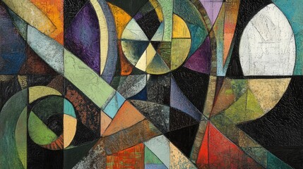 an abstract mixed media piece where geometric shapes, such as rectangles, circles, and triangles