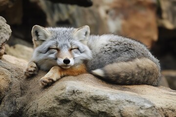 Naklejka premium Corsac fox sleeping peacefully on a rock