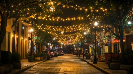 Street illuminated by festive string lights hanging from trees casting a warm glow on a lively evening