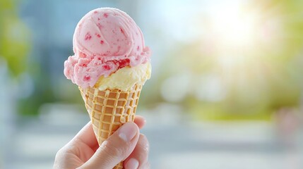 Hand holding a waffle cone with strawberry and vanilla ice cream.