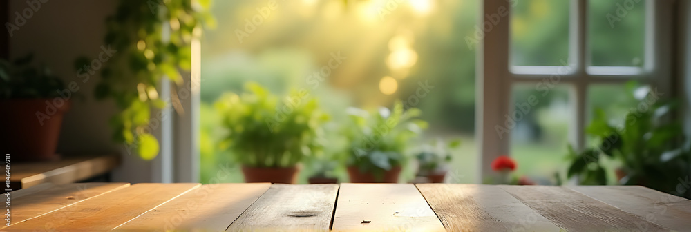 Poster a worn wooden table top stands empty against a blurred background of an overgrown garden outside the