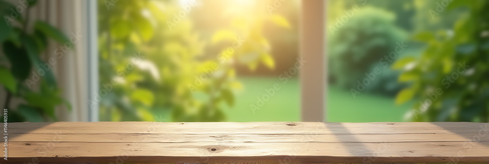 Poster a worn wooden table top stands empty against a blurred background of an overgrown garden outside the