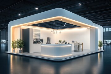 Modern exhibition booth with integrated kitchen displaying smart home appliances in spacious venue