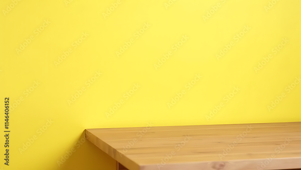 Poster a wooden tabletop sits empty on a bright yellow pastel colored background with no signs of clutter o