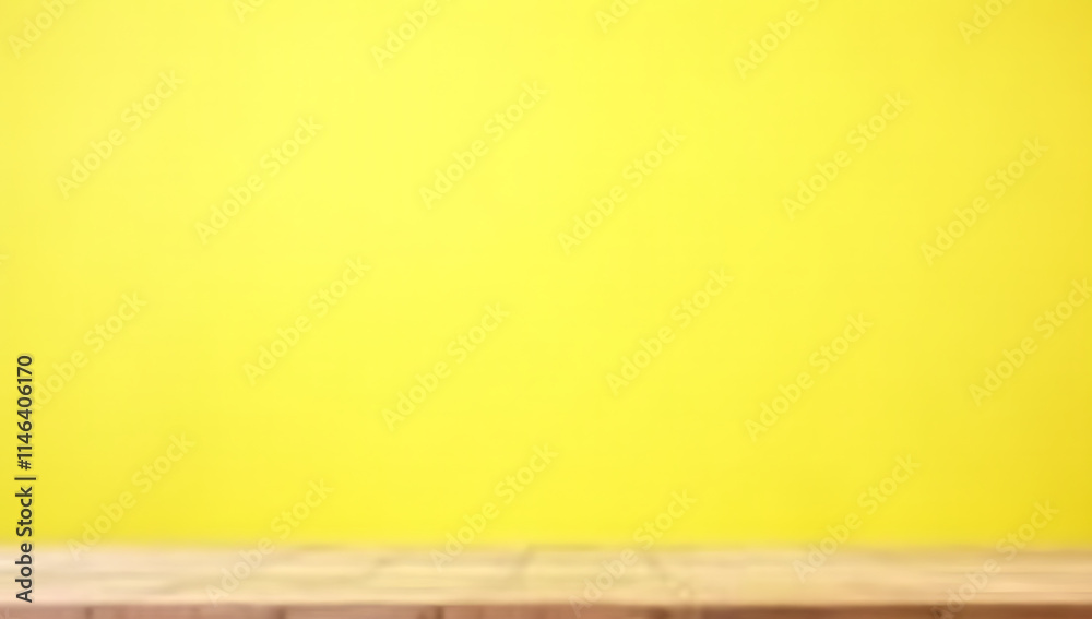 Poster a wooden tabletop sits empty on a bright yellow pastel colored background with no signs of clutter o