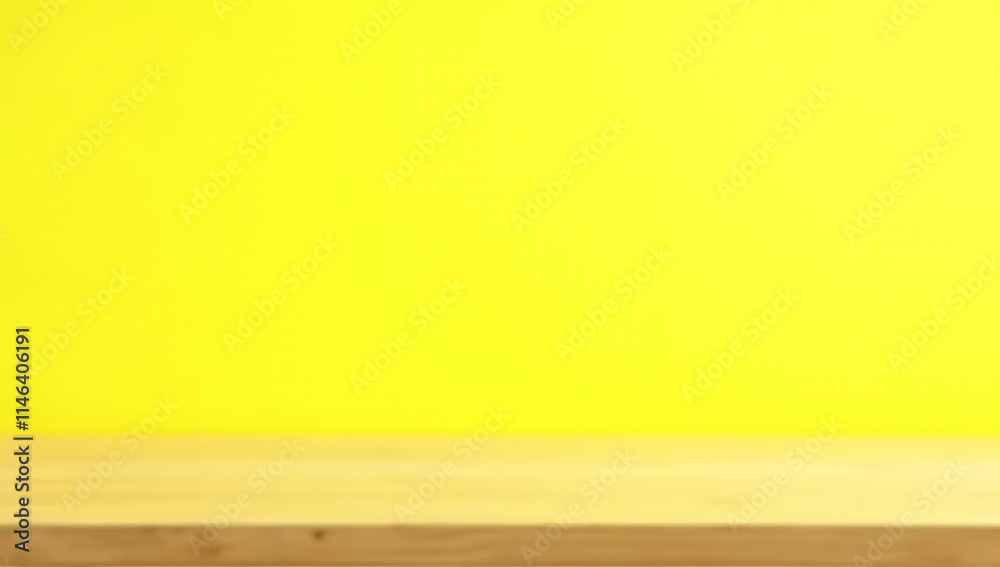 Poster a wooden tabletop sits empty on a bright yellow pastel colored background with no signs of clutter o
