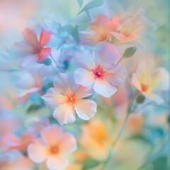 Fototapeta premium Beautiful idyllic flower meadow with different blooming flowers and grass close up, Sunlit field with various colorful wildflowers under bright sky, A tight shot of numerous flowers against a softly 