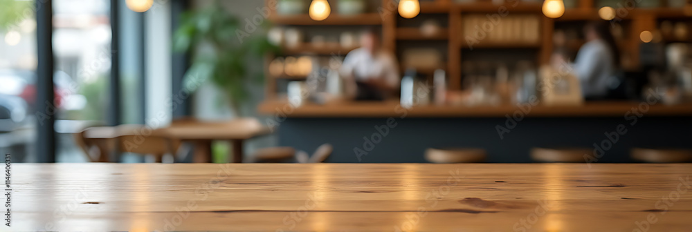 Leinwandbilder a wooden table with a minimalist design sits empty in a blurred coffee shop background awaiting prod