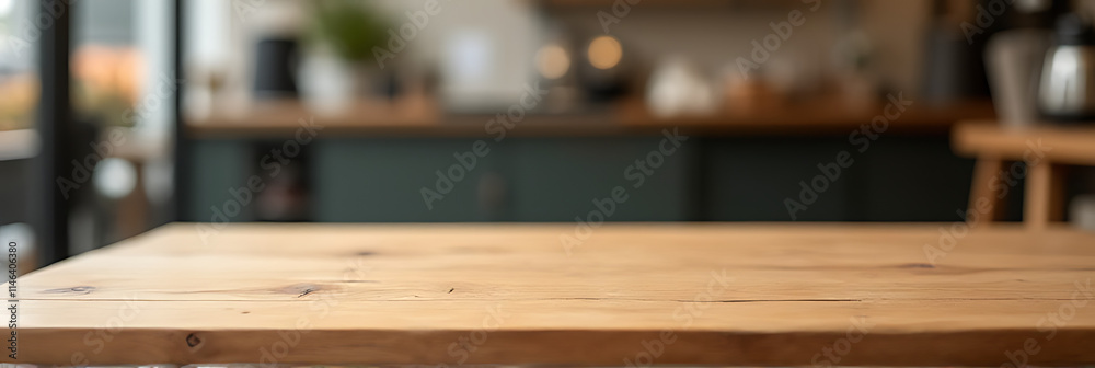 Poster a wooden table with a minimalist design sits empty in a blurred coffee shop background awaiting prod
