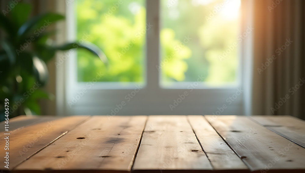 Poster a wooden table stands empty in a room with a blurred curtain and a glimpse of vibrant greenery outsi
