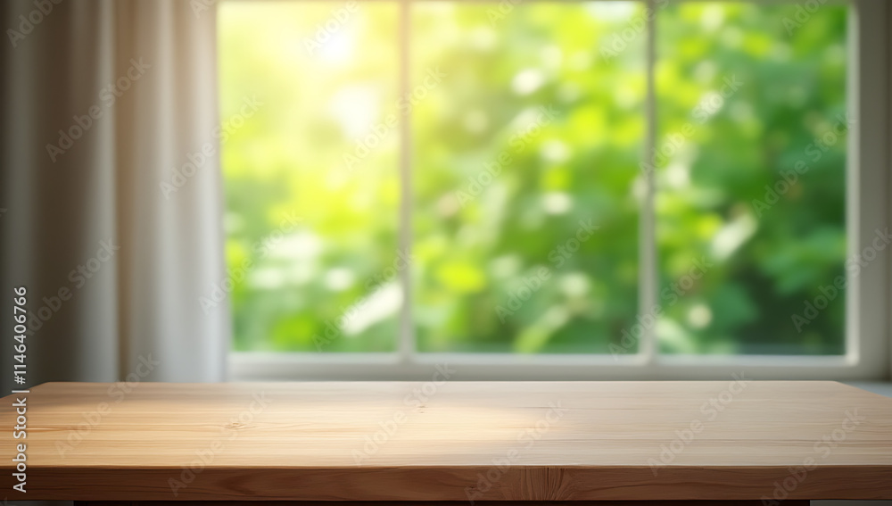 Poster a wooden table stands empty in a room with a blurred curtain and a glimpse of vibrant greenery outsi