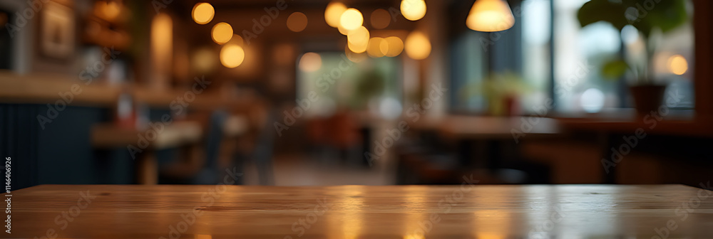 Poster a wooden table sits empty on a blurred café background, almost invisible in the dim lighting of the 