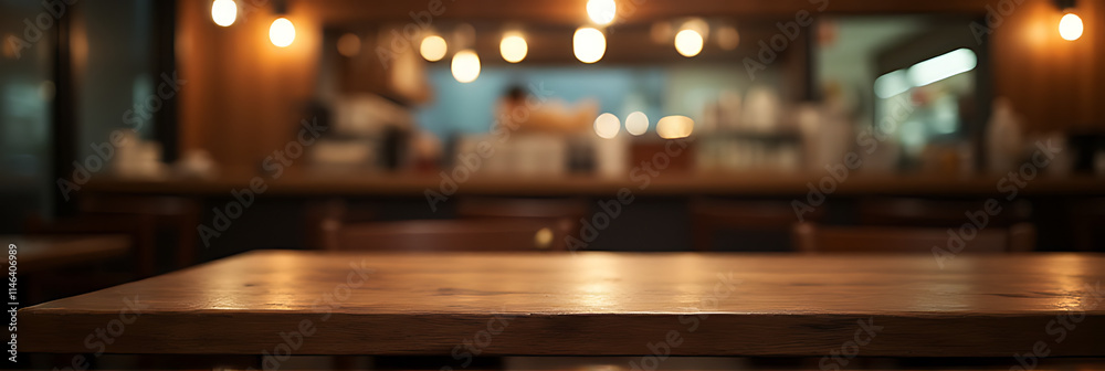 Poster a wooden table sits empty on a blurred café background, almost invisible in the dim lighting of the 