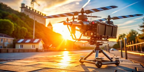 Aerial Film Slate Drone Photography: Cinematic Overhead Shots, Movie Production, Filmmaking Equipment, High-Angle View