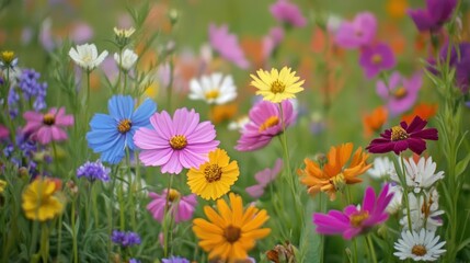 Obraz premium A vibrant field of colorful flowers in bloom, showcasing nature's beauty.
