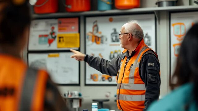 Homme senior expliquant la s&eacute;curit&eacute; et la protection civile pendant une formation. Senior man explaining safety and civil protection during a training session.