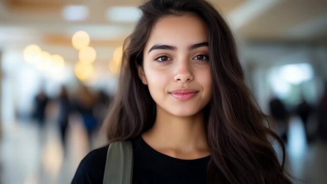 Jeune &eacute;tudiante brune souriante marchant dans son &eacute;cole. Young, smiling brunette student walking through her school. 