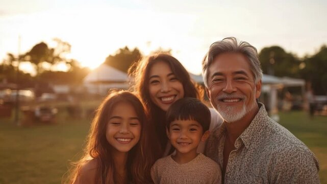 Famille asiatique heureuse au coucher de soleil. Happy Asian family at sunset.