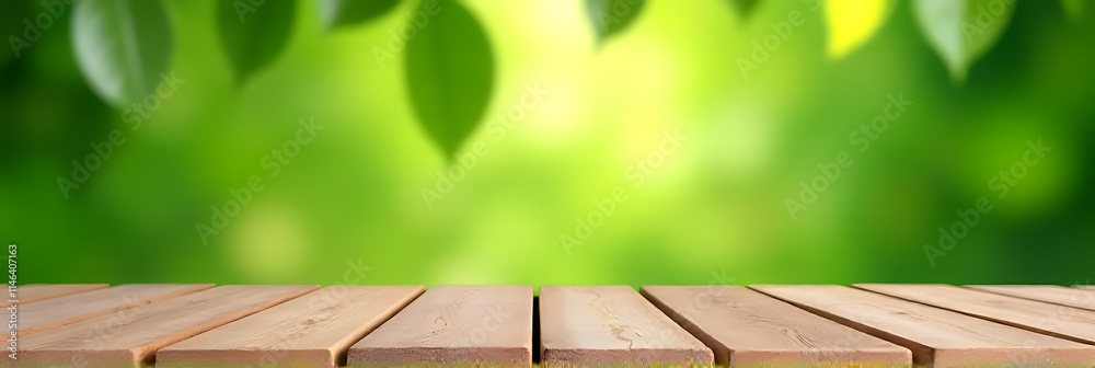 Poster A wooden table is set in a beautiful garden with a blurred green leaf background creating a peaceful atmosphere._00002_