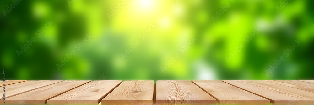 Poster a wooden table is set in a beautiful garden with a blurred green leaf background creating a peaceful