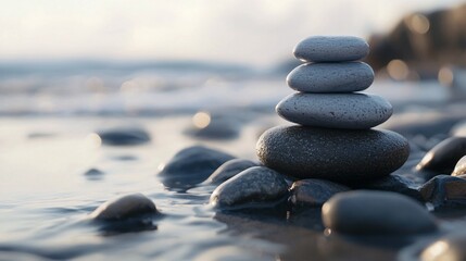 Stack of balancing pebbles creating harmony on the beach at sunset