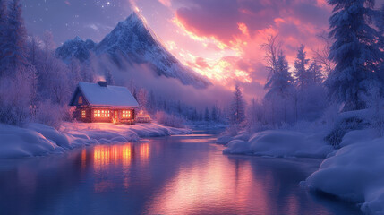 Fototapeta premium Cozy Winter Cottage Under Majestic Aurora with Snow-Covered Landscape at Polar Night