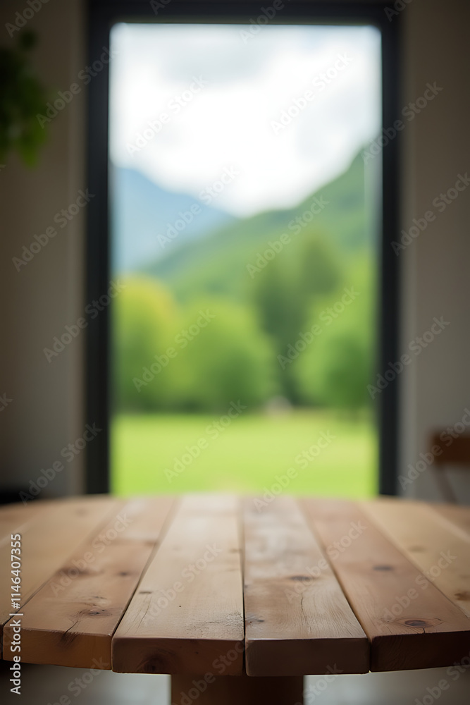 Poster a wooden table is centered in a blurred landscape with a green view through a glass window on the wa