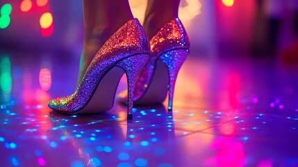 Close-up of glittery high heels on a party floor with colorful lights reflecting around