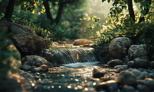 A small stream meandering through a forest with dappled sunlight