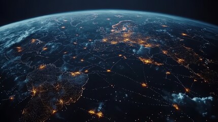 Obraz premium Abstract Global Network Concept: Glowing World Map, Glowing Connections Around Earth, Data Transfer, Cyber Technology, Digital Connectivity, Global Communication Systems