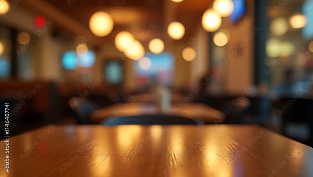 Poster a wood table top reflects a blurry blur of lighting in a busy restaurant setting with selective focu