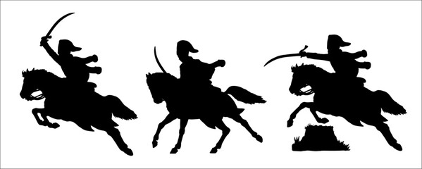 Light cavalry - french Hussar. Mounted soldier of the Napoleonic army. Historical cavalry vector drawing. Napoleonic cavalry in attack.	