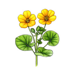 A vibrant botanical illustration features two yellow flowers with green leaves isolated on transparency PNG background, ideal for nature-themed designs, educational materials, and floral art projects