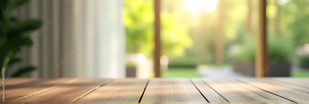 Poster a wood table top is in focus while a blurred curtain and garden background are used for a product di
