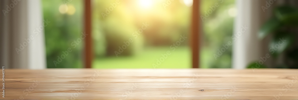 Poster A wood table top is in focus while a blurred curtain and garden background are used for a product display or design image._00002_