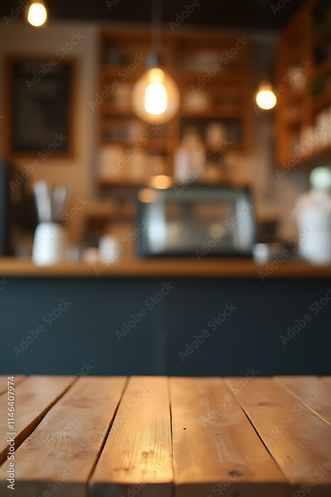 Poster A wood table top is visible behind a blurred image of a cafe counter with a light bulb in the background._00001_