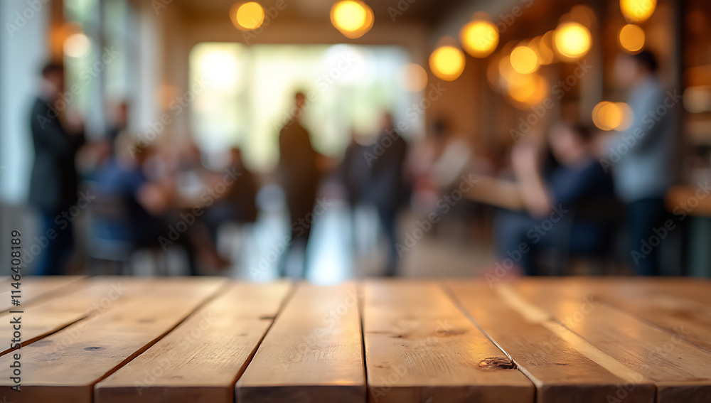 Poster a wood table top features a blurred crowd of people in a vibrant community cafe setting for a produc