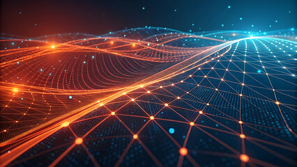 Abstract digital wave of glowing orange and blue nodes connected in a futuristic grid pattern. Represents technology, connectivity, and advanced digital communication.