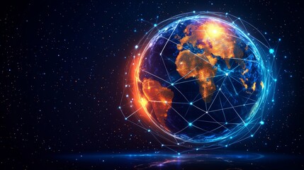 Obraz premium Abstract Global Network Concept: Glowing World Map, Glowing Connections Around Earth, Data Transfer, Cyber Technology, Digital Connectivity, Global Communication Systems