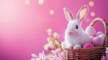 Fototapeta premium A charming white rabbit rests in a woven basket filled with colorful Easter eggs, symbolizing the joy of the holiday season.