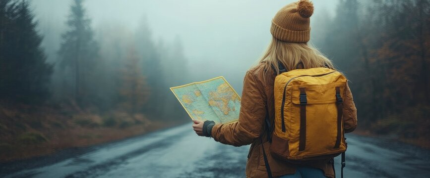 Woman Backpacker with Map Navigating Foggy Forest Road