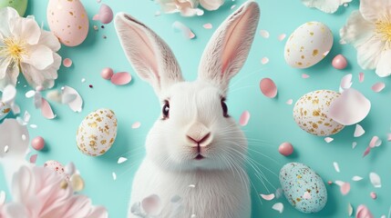 A cute white rabbit with pink ears sits against a vibrant blue background, embodying the joy and playfulness of the Easter holiday.